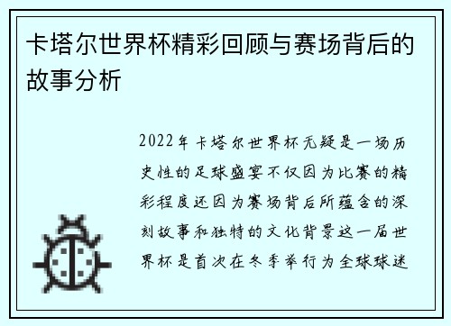 卡塔尔世界杯精彩回顾与赛场背后的故事分析